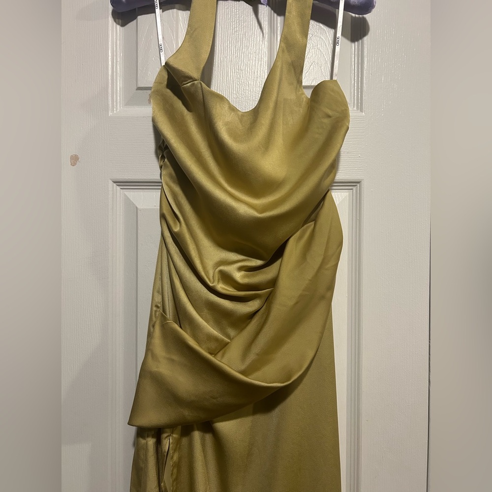 SATIN HALTER CROSSOVER SKIRT MAXI DRESS IN LIGHT OLIVE-GREEN - Picture 3 of 8